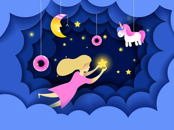 Niño tocando las estrellas en el cielo. Ilustración vectorial de sueños para niños en estilo de origami de papel. Diseño de corte de papel. Fondo de pantalla de cuento de hadas en habitación de bebé — Vector de stock