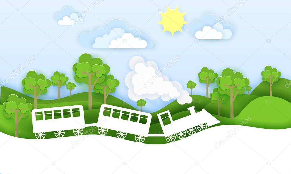 Train travels through forest vector illustration in paper art origami style. Travel concept paper cut design