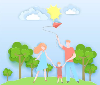 Mutlu bir aile ile çocuk bir parkta yürüyüş. Vektör çizim kağıt sanat origami tarzında. Mutlu anne ve baba gün poster. Kağıt kesme el sanatları tasarım.