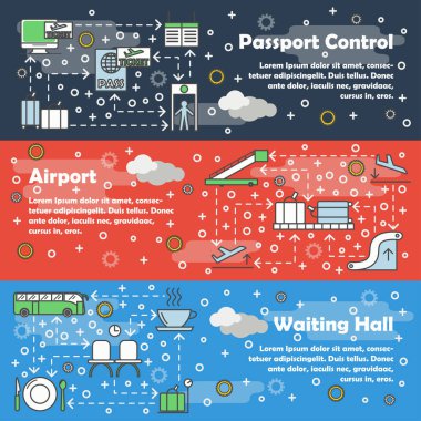 Vektör ince çizgi stili tasarım Havaalanı afiş kümesi