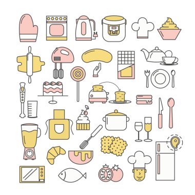 Vektör ince çizgi sanat tarzı tasarım mutfak Icon set