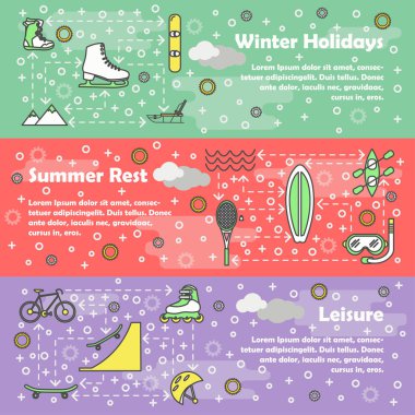 Vektör ince çizgi stili tasarım eğlence afiş kümesi