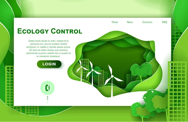 Sito web vettoriale modello di design di arte cartacea per il concetto di città ecologica. Città verde con turbine eoliche. Pagina di destinazione illustrazione per il sito web e lo sviluppo mobile. Taglio carta stile origami . — Vettoriale Stock