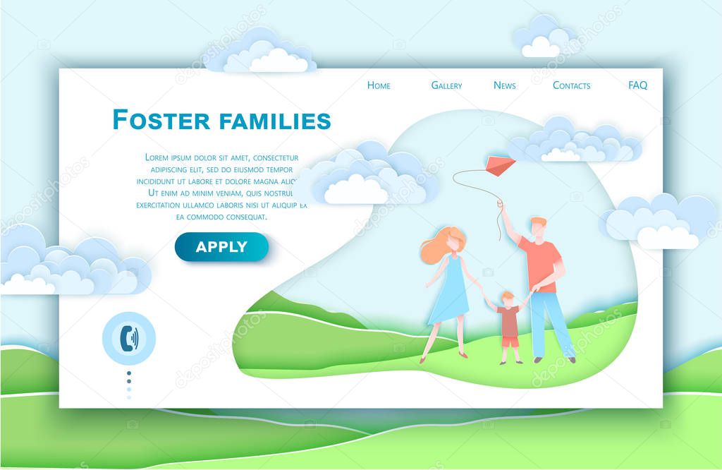 Vector web site paper art design template. Happy family walking in a park with kid. Landing page illustration concepts for website and mobile development. Paper cut origami style.