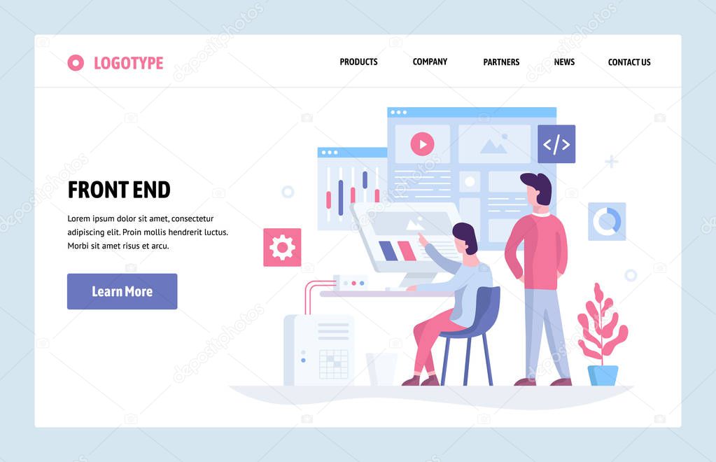 Vector web site linear art design template. Front end development team using futuristic dashboard and analyze data. Landing page concept for website and mobile development. Modern flat illustration