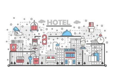Vektör ince çizgi çizimleri otel poster afiş şablonu