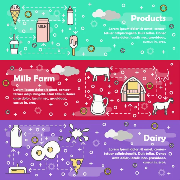 Molkereivektor Web Banner Vorlage Eingestellt Produkte Milchviehbetrieb Und Milchwirtschaft Konzept — Stockvektor