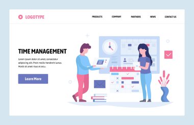 Vektör web sitesi doğrusal çizimleri tasarım şablonu. Zaman yönetimi kavramı. İş projesi son tarihi ve zamanlama. Web sitesi ve mobil geliştirme için açılış sayfası kavramları. Modern düz illüstrasyon.