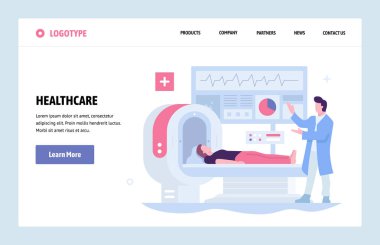 Vektör web sitesi doğrusal çizimleri tasarım şablonu. Sağlık ve tıbbi araştırma. Doktor sağlık kontrolünden MRI tomografi ile yapıyor. Açılış sayfası Web sitesi ve mobil geliştirme için. Modern illüstrasyon