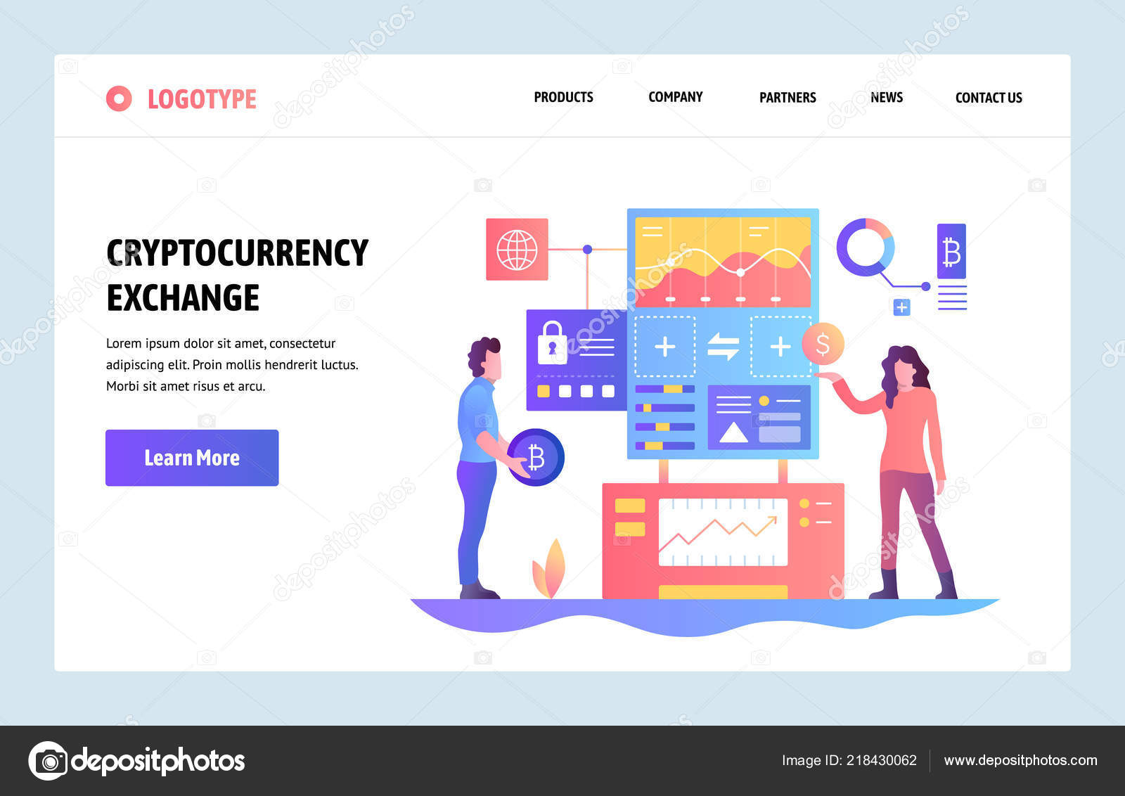 Vector web site linear art design template. Cryptocurrency exchange. Bitcoin  to dollars exchange platform. Landing page concepts for website and mobile  development. Modern flat illustration. Stock Vector by ©skypistudio  218430062
