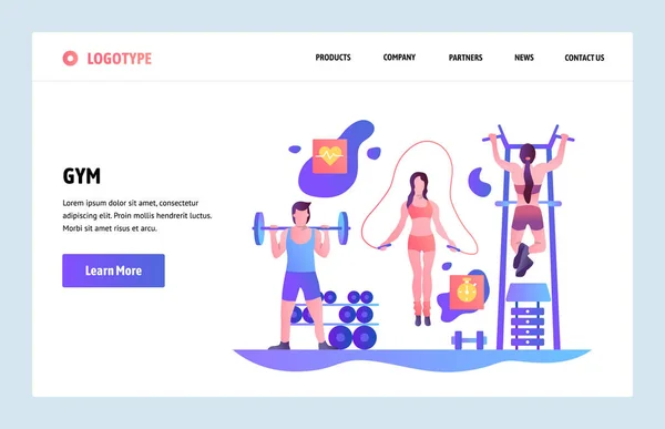 Vector web site linear art design template. People work out in gym. Landing page concepts for fitness sport website and mobile development. Modern flat illustration. — Stock Vector