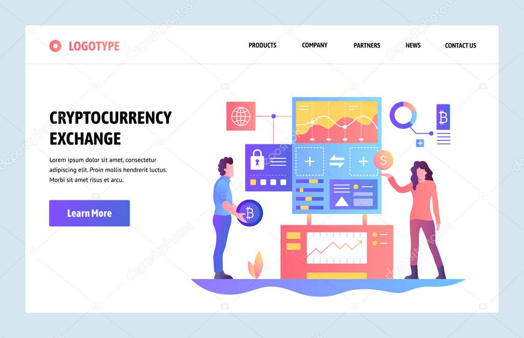 Vector web site linear art design template. Cryptocurrency exchange. Bitcoin to dollars exchange platform. Landing page concepts for website and mobile development. Modern flat illustration