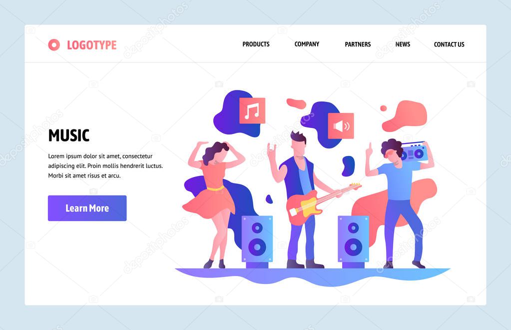 Vector web site linear art design template. Music band playing rock and dancing. Landing page concepts for website and mobile development. Modern flat illustration
