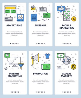 Vektör web sitesi doğrusal sanat onboarding ekranları şablonu. Internet Pazarlama ve reklamcılık simgeler. Menü afiş Web sitesi ve mobil uygulama geliştirme için. Modern düz tasarlamak.