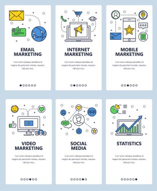 Vektör web sitesi doğrusal sanat onboarding ekranları şablonu. Online dijital pazarlama ve reklam. Menü afiş Web sitesi ve mobil uygulama geliştirme için. Modern düz tasarlamak.