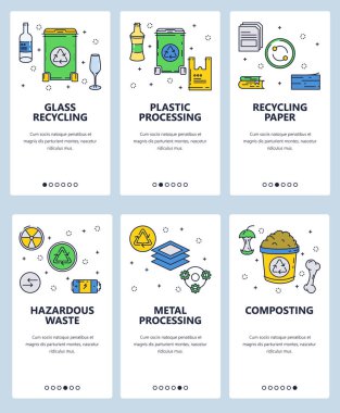Vektör web sitesi doğrusal sanat onboarding ekranları şablonu. Atık geri dönüşüm. Menü afiş Web sitesi ve mobil uygulama geliştirme için. Modern düz tasarlamak.