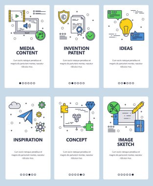 Vektör web sitesi doğrusal sanat onboarding ekranları şablonu. Medya, buluşlar ve ilham fikirler simgeler. Menü afiş Web sitesi ve mobil uygulama geliştirme için. Modern düz tasarlamak.
