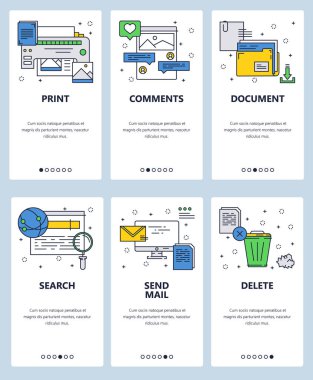 Vektör web sitesi doğrusal sanat onboarding ekranları şablonu. Yazıcı, bilgisayar ve internet simgeler. Menü afiş Web sitesi ve mobil uygulama geliştirme için. Modern düz tasarlamak.