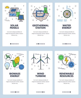 Vektör web sitesi doğrusal sanat onboarding ekranları şablonu. Yenilenebilir alternatif enerji kaynakları ve enerji santralleri. Menü afiş Web sitesi ve mobil uygulama geliştirme için. Modern düz tasarlamak.