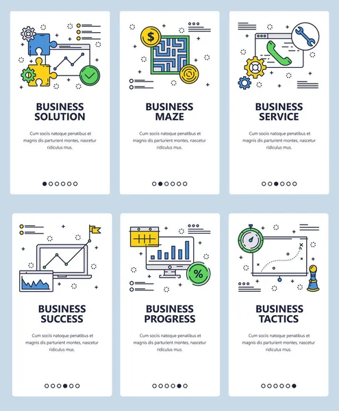 Sito web vettoriale arte lineare modello di schermi di onboarding. Icone degli affari. Bandiere di menu per lo sviluppo di siti web e app mobili. Disegno moderno illustrazione piatta . — Vettoriale Stock