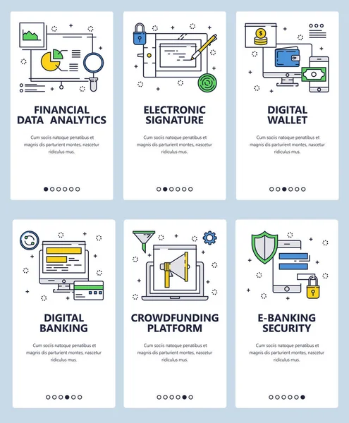 Plantilla de pantallas de incorporación de arte lineal del sitio web vectorial. Banca digital y transferencia de dinero en línea. Finanzas y análisis de datos. Menú de banners para el desarrollo de sitios web y aplicaciones móviles. Diseño moderno plano — Vector de stock