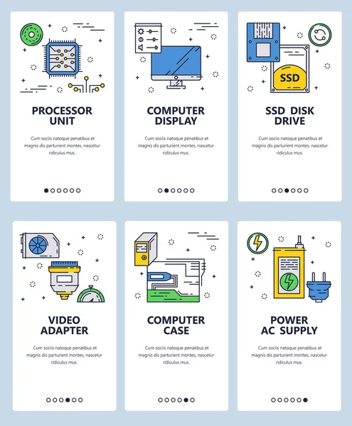 Vector web site arte linear onboarding telas modelo. Chip, hardware e peças de computador. Bandeiras de menu para o desenvolvimento de sites e aplicativos móveis. Design moderno ilustração plana . — Vetor de Stock