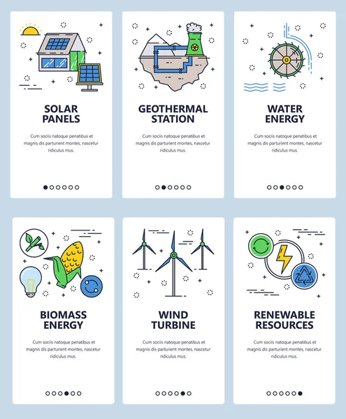 Vektör web sitesi doğrusal sanat onboarding ekranları şablonu. Yenilenebilir alternatif enerji kaynakları ve enerji santralleri. Menü afiş Web sitesi ve mobil uygulama geliştirme için. Modern düz tasarlamak. — Stok Vektör