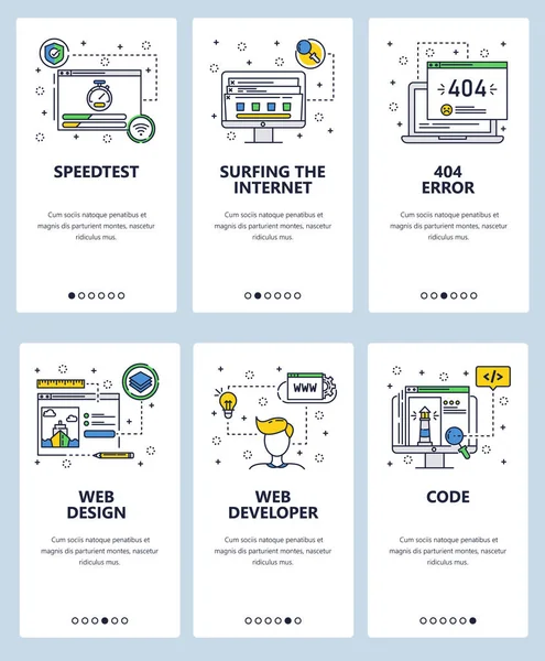 Vektör web sitesi doğrusal sanat onboarding ekranları şablonu. Internet web siteleri kod ve geliştirme. Menü afiş Web sitesi ve mobil uygulama geliştirme için. Modern düz tasarlamak. — Stok Vektör
