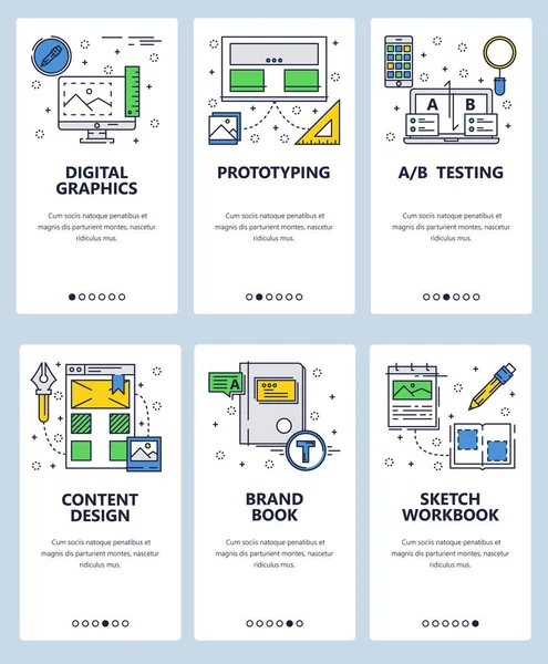 Vector web site arte linear onboarding telas modelo. Gráfico digital, design e branding. Bandeiras de menu para o desenvolvimento de sites e aplicativos móveis. Design moderno ilustração plana . — Vetor de Stock