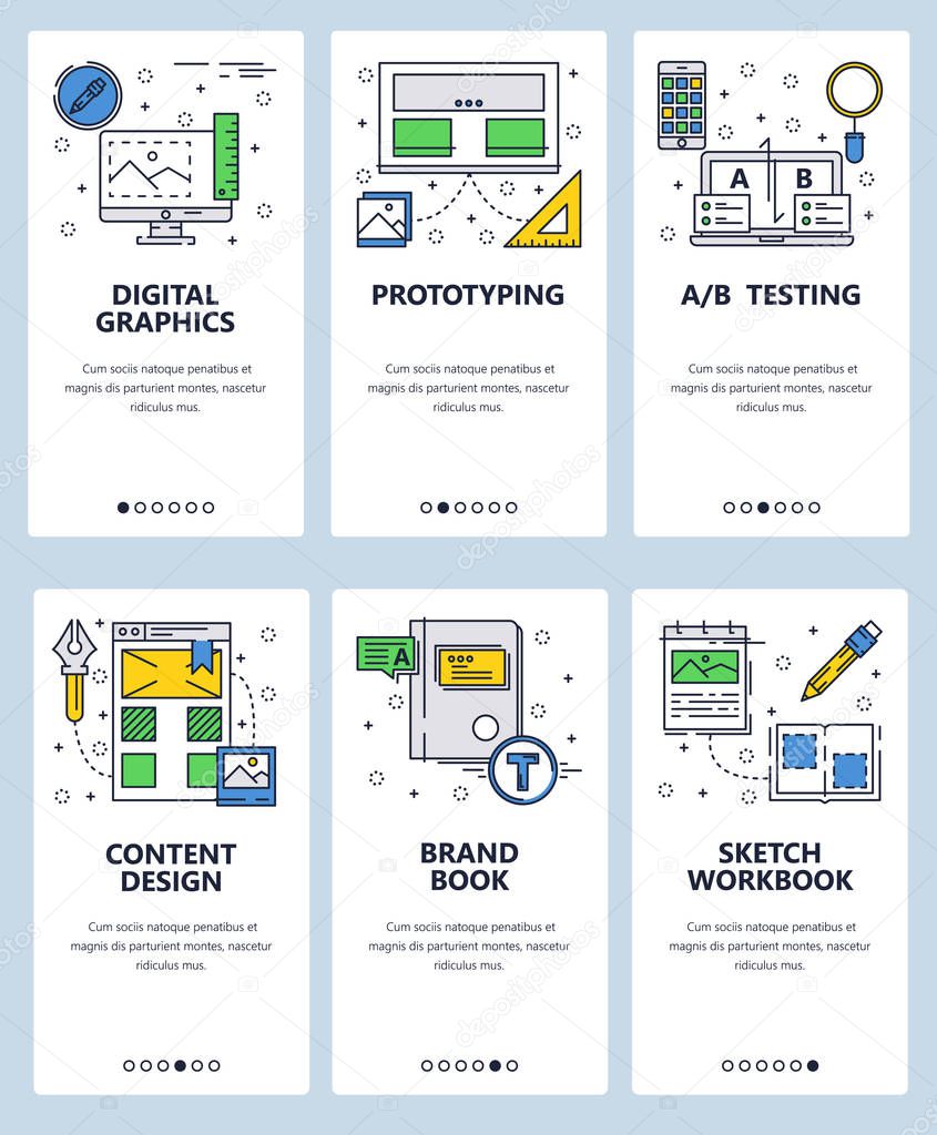 Vector web site linear art onboarding screens template. Digital graphic, design and branding. Menu banners for website and mobile app development. Modern design flat illustration.