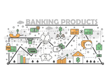 Vektör ince çizgi bankacılık ürünleri poster afiş şablon
