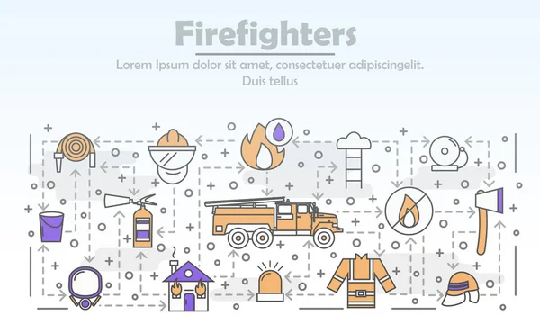 Modelo de banner de cartaz de bombeiros de linha fina vetorial — Vetor de Stock