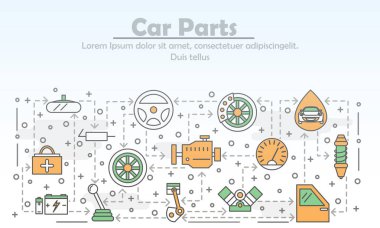 Vektör ince çizgi sanat araba parçaları poster afiş şablon