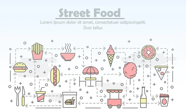 Modèle de bannière d'affiche de nourriture de rue d'art de ligne mince vectorielle — Image vectorielle