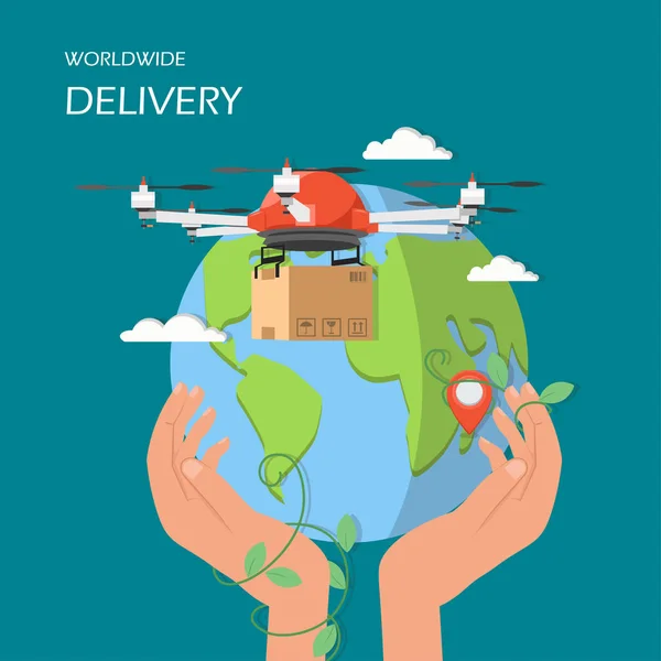 Ilustração vetorial de entrega de drones em todo o mundo em estilo plano — Vetor de Stock