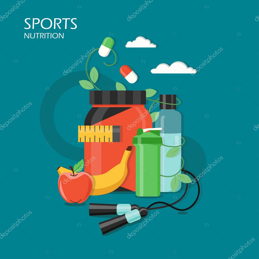Sports nutrition concept vector illustration. Whey protein, shaker, banana and apple fruits, multi vitamin capsules. Flat style design element for website template, poster banner etc.