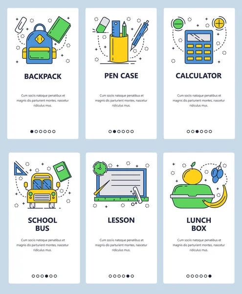 Szablon wektor witryny sieci web sztuki liniowy onboarding ekrany. Edukacji i szkole akcesoria. Autobus szkolny, calc, plecak ucznia. Menu banery na stronie internetowej oraz tworzenia aplikacji mobilnych. Nowoczesny design, płaska — Wektor stockowy