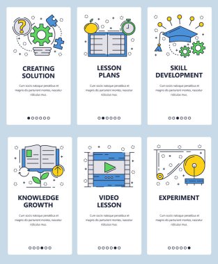 Vektör web sitesi doğrusal sanat onboarding ekranları şablonu. Okul dersleri ve online eğitim. Video ders traning. Menü afiş Web sitesi ve mobil uygulama geliştirme için. Modern düz tasarlamak.