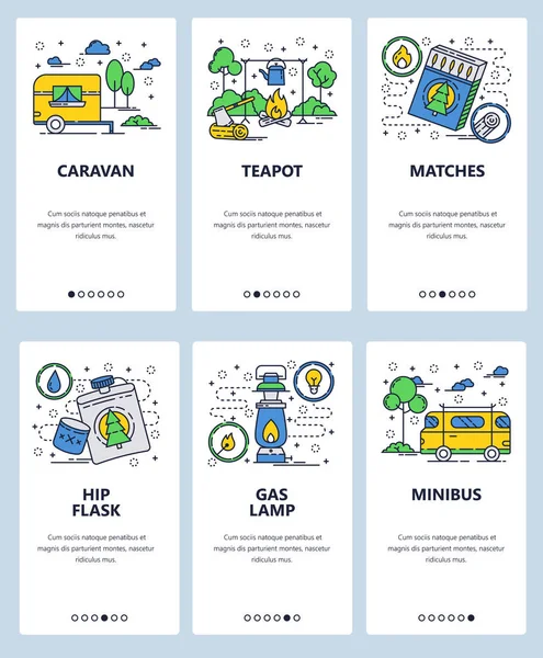 벡터 웹 사이트 선형 예술 온 보 딩 화면 템플릿입니다. 야외 캠핑 고 캠핑 캐 러 밴 자동차 여행입니다. 웹사이트 및 모바일 응용 프로그램 개발에 대 한 메뉴 배너입니다. 현대적인 디자인 평면 그림. — 스톡 벡터