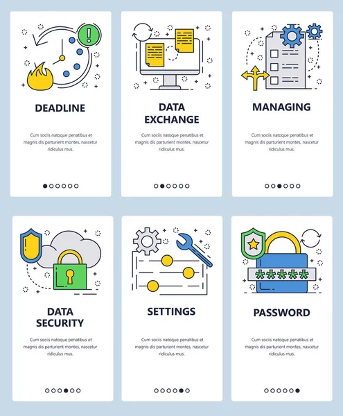 Vector web site arte linear onboarding telas modelo. Prazo do projecto. Transferência e armazenamento de arquivos de segurança de dados Bandeiras de menu para desenvolvimento de sites e aplicativos móveis. Design moderno ilustração plana . — Vetor de Stock