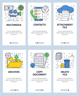 Vektör web sitesi doğrusal sanat onboarding ekranları şablonu. Bilgisayar ve e-posta Hizmetleri, ek, arşiv, kopyalayın ve dosyaları silin. Menü afiş Web sitesi ve mobil uygulama geliştirme için. Modern tasarım