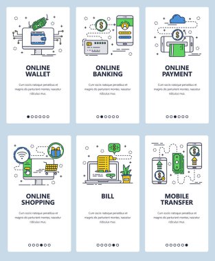 Vektör web sitesi doğrusal sanat onboarding ekranları şablonu. Finans ve bankacılık online hizmetler. Mobil ödeme ve para transferi. Menü afiş Web sitesi ve mobil uygulama geliştirme için. Modern tasarım düz