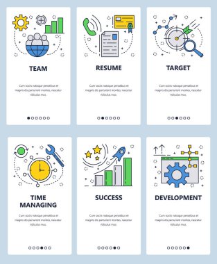 Vektör web sitesi doğrusal sanat onboarding ekranları şablonu. Zaman yönetimi, Cv mektup, iş hedef ve başarı. Menü afiş Web sitesi ve mobil uygulama geliştirme için. Modern düz tasarlamak.
