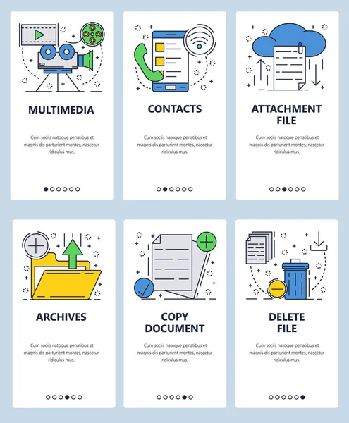 Vector web site arte linear onboarding telas modelo. Serviços de computador e e-mail, anexo, arquivo, cópia e exclusão de arquivos. Bandeiras de menu para o desenvolvimento de sites e aplicativos móveis. Design moderno —  Vetores de Stock