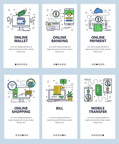 Plantilla de pantallas de incorporación de arte lineal del sitio web vectorial. Finanzas y servicios bancarios en línea. Pagos móviles y transferencia de dinero. Menú de banners para el desarrollo de sitios web y aplicaciones móviles. Diseño moderno plano — Vector de stock