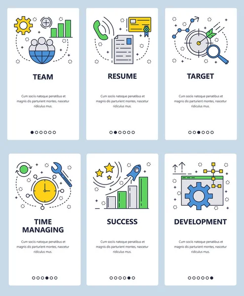 Πρότυπο οθόνες onboarding γραμμικής τέχνης διάνυσμα τοποθεσίας web. Διαχείριση χρόνου, επιστολή βιογραφικό, επιχειρηματικό στόχο και επιτυχία. Μενού banners για την ιστοσελίδα και την ανάπτυξη εφαρμογών για κινητά. Μοντέρνα σχεδίαση επίπεδη απεικόνιση. — Διανυσματικό Αρχείο