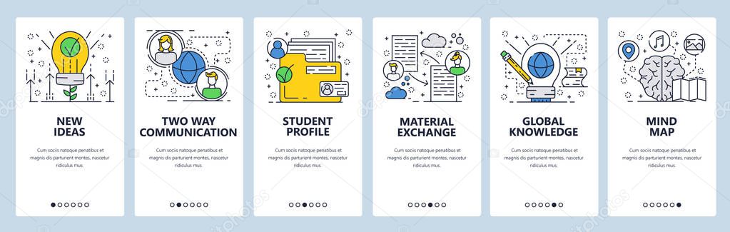 Vector web site linear art onboarding screens template. New eco ideas, people communication, profile folder, documents exchange and knowledge mind map. Menu banners for website and mobile app