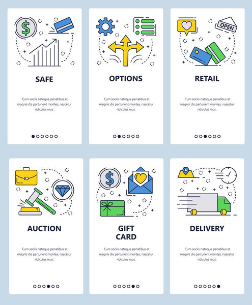 Vector web site linear art onboarding screens template. Financial chart, auction and gift card delivery. Menu banners for website and mobile app development. Modern design flat illustration.