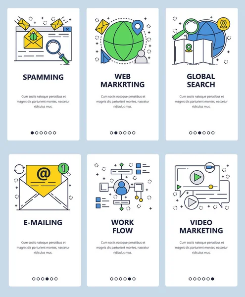ベクター web サイト線形アート登録画面テンプレート。オンライン デジタル マーケティング、web、ビデオ広告。E メール マーケティングとスパム。Web サイトとモバイル アプリ開発メニュー バナー。モダンです — ストックベクタ