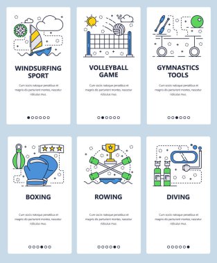 Vektör web sitesi doğrusal sanat onboarding ekranları şablonu. Spor simgeleri, voleybol, Kano, Rüzgar Sörfü, Dalış ve boks. Menü afiş Web sitesi ve mobil uygulama geliştirme için. Modern tasarım düz